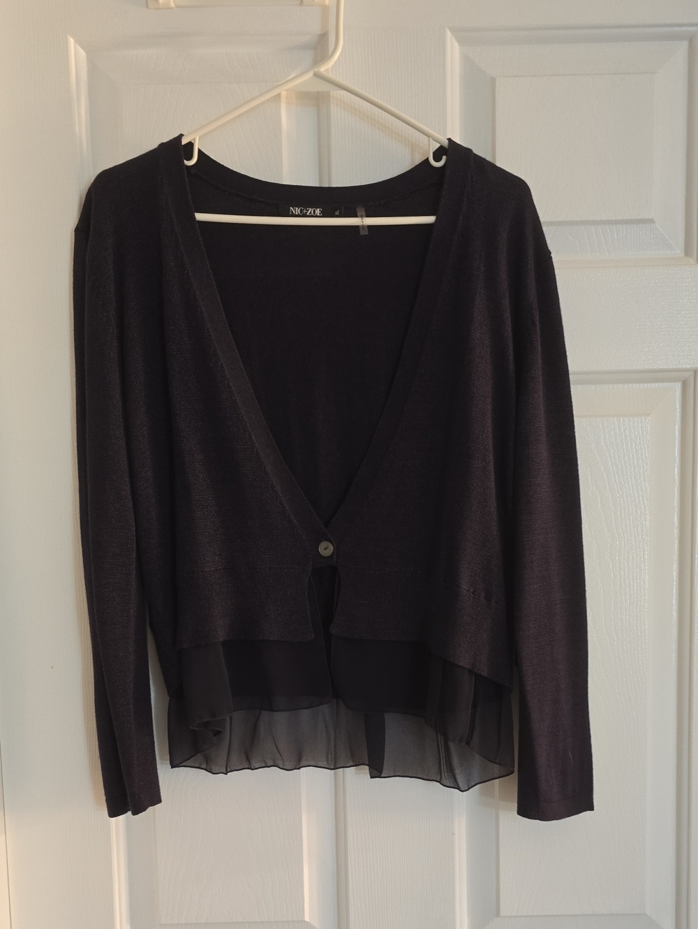 NIC+ZOE Navy Blue V-Neck Lightweight Cardigan with Chiffon Hem